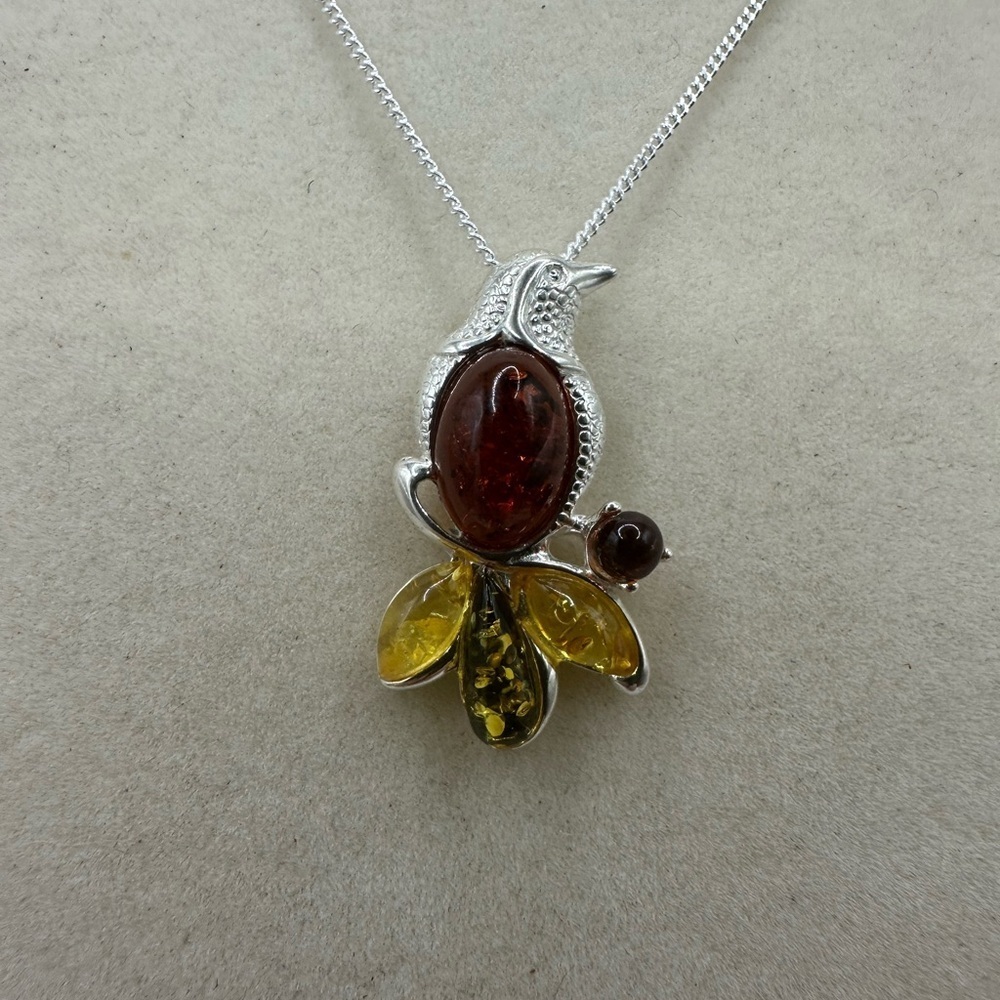 Multi Color Amber and Silver Bird Pendant on Silver Chain - Picture 9 of 9
